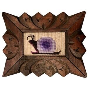 Vintage Hand Carved Wood Folk Art Frame 9x7 Snail Cross Stitch Needlework